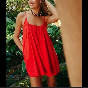 Free People Women’s Large Red Orange Linen Rae Mini Sundress Dress